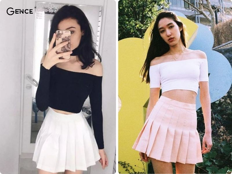 Áo trễ vai phối cùng chân váy tennis thu hút