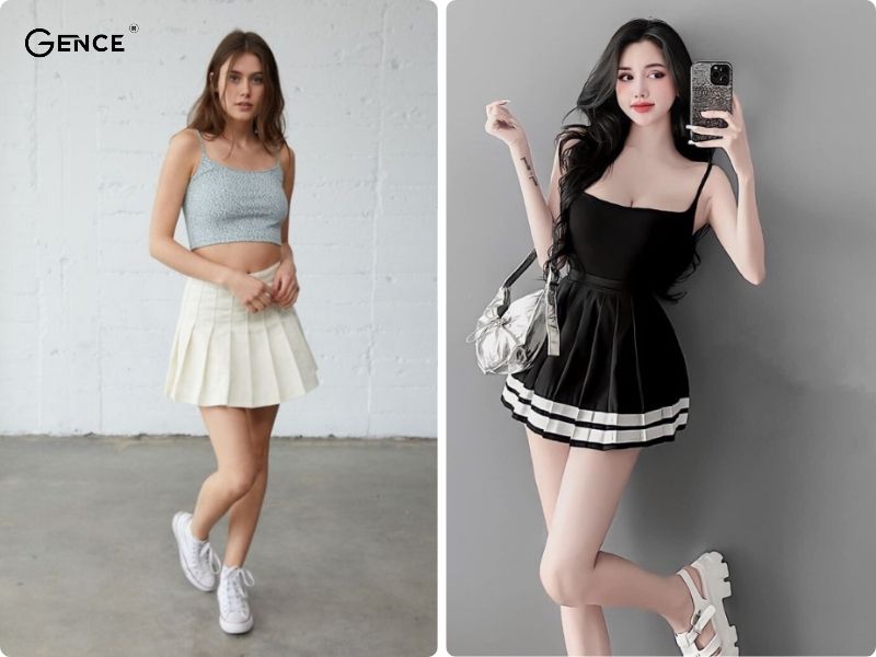 Áo hai dây phối chân váy tennis thu hút, quyến rũ