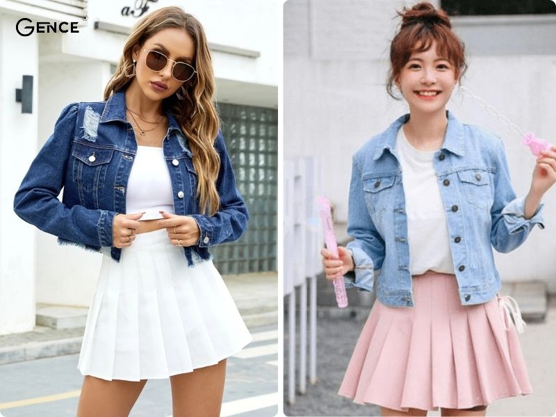 Phối áo khoác denim cùng chân váy tennis