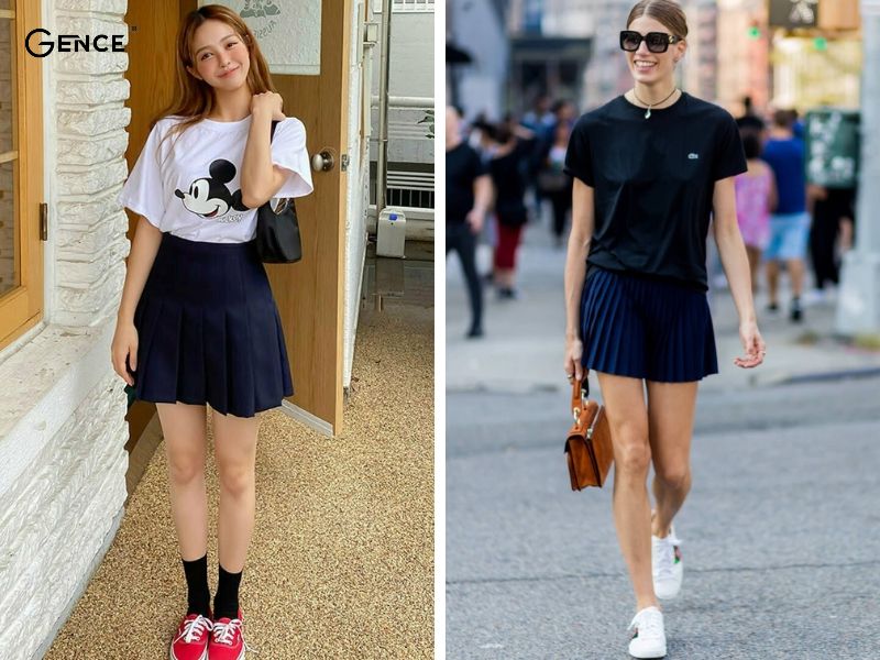 Chân váy xếp ly ngắn kết hợp với áo thun basic