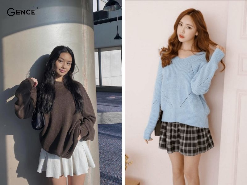 Áo len và chân váy xếp ly luôn có trong mùa đông lạnh lẽo