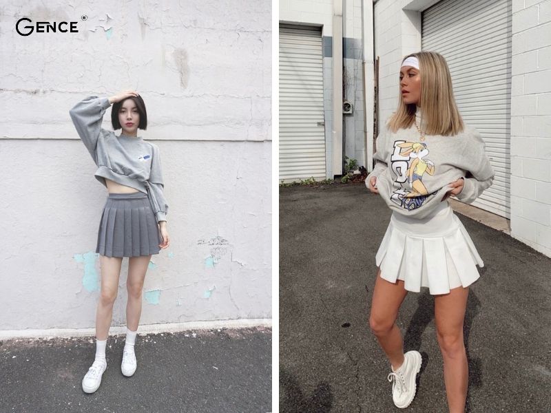 Sweater và chân váy xếp ly ngắn tạo set đồ hoàn hảo