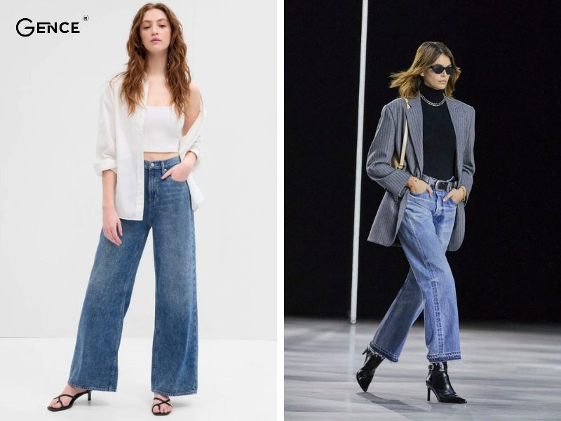 Mix match quần jean ống suông cùng giày cao gót