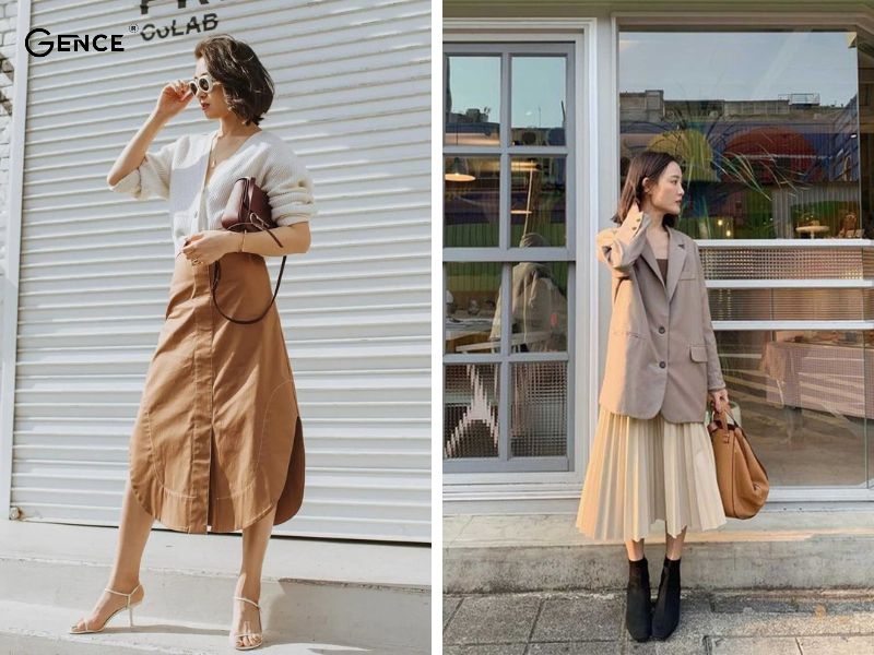 Chân váy midi mix-match với giày cao gót