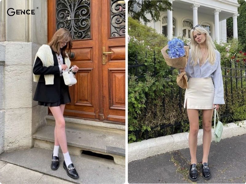 Phối chân váy ngắn với giày loafer thể hiện sự nữ tính