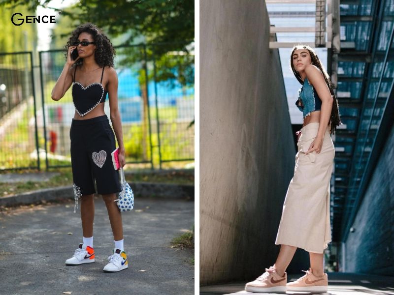 Áo sát nách croptop, chân váy và giày nike nữ cá tính