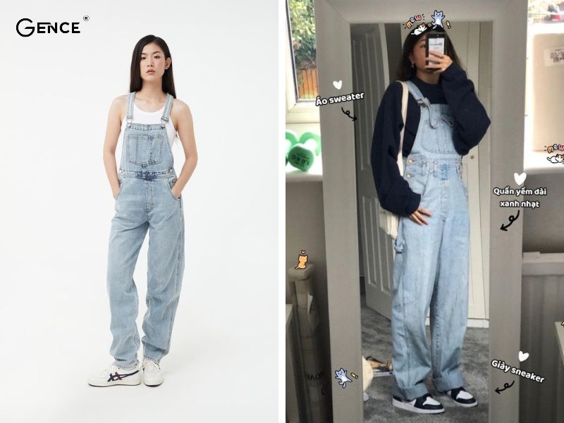 Yếm jean được phối đồ với giày nữ nike