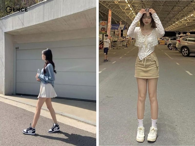 Chân váy ngắn nữ tính kết hợp với giày nike