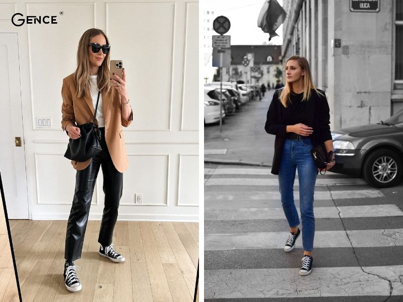 Lịch lãm khi mix-match áo blazer với sneaker nữ đen