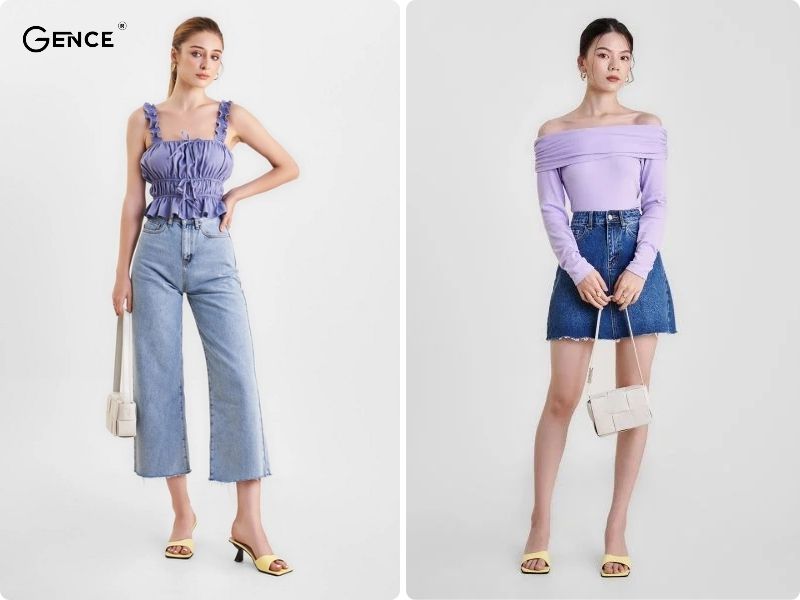 Màu xanh denim phối tím thể hiện phong cách dịu dàng mà trẻ trung