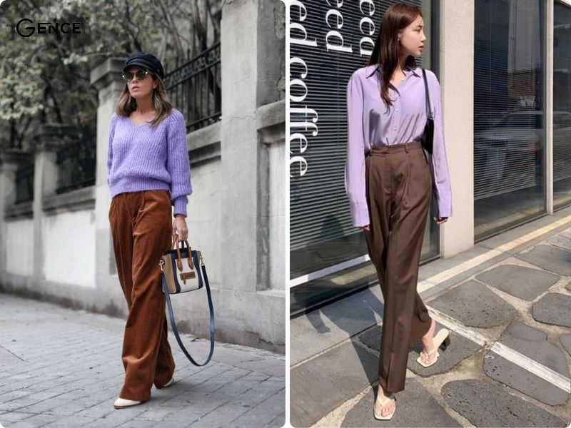 Phối màu nâu cùng tím pastel trong phong cách hằng ngày