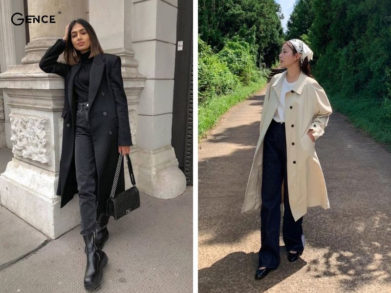 Phối đồ với quần jean đen nữ cùng áo khoác trench coat