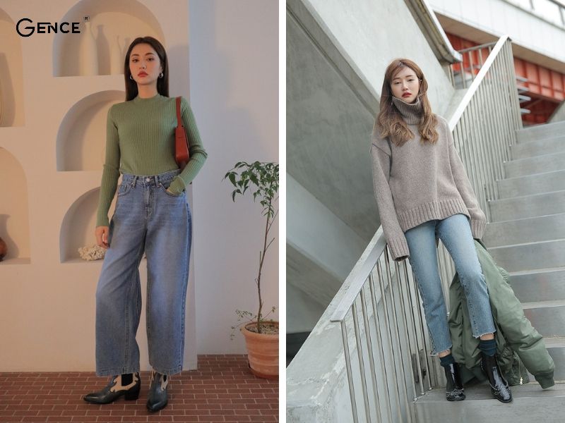 Phối đồ với quần jean nữ cùng áo len