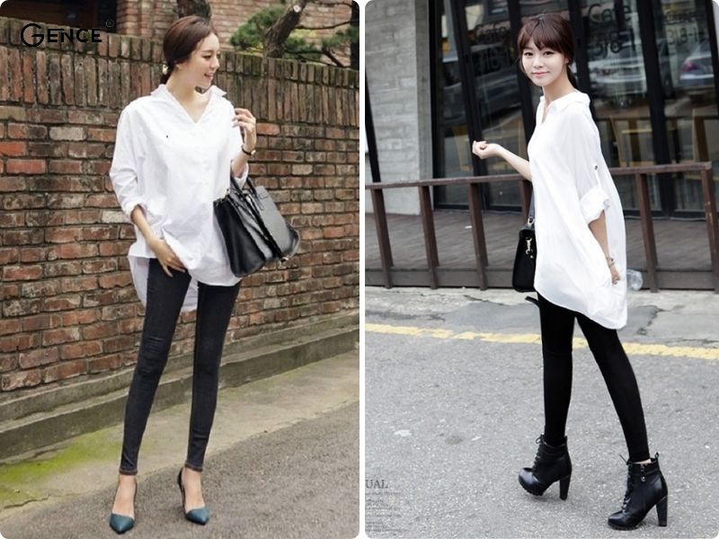 Phối đồ cùng quần legging và áo sơ mi thoải mái