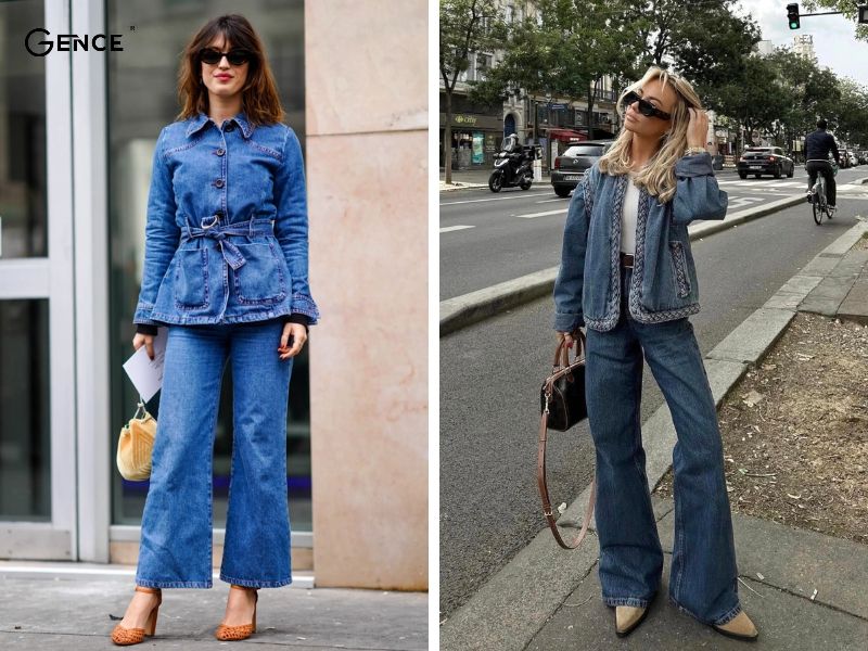 Phối áo khoác denim cá tính với quần ống loe