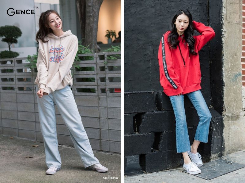 Áo hoodie và quần ống loe