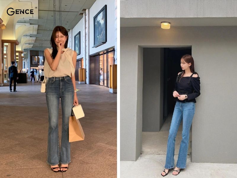 Phối áo trễ vai cùng quần ống loe