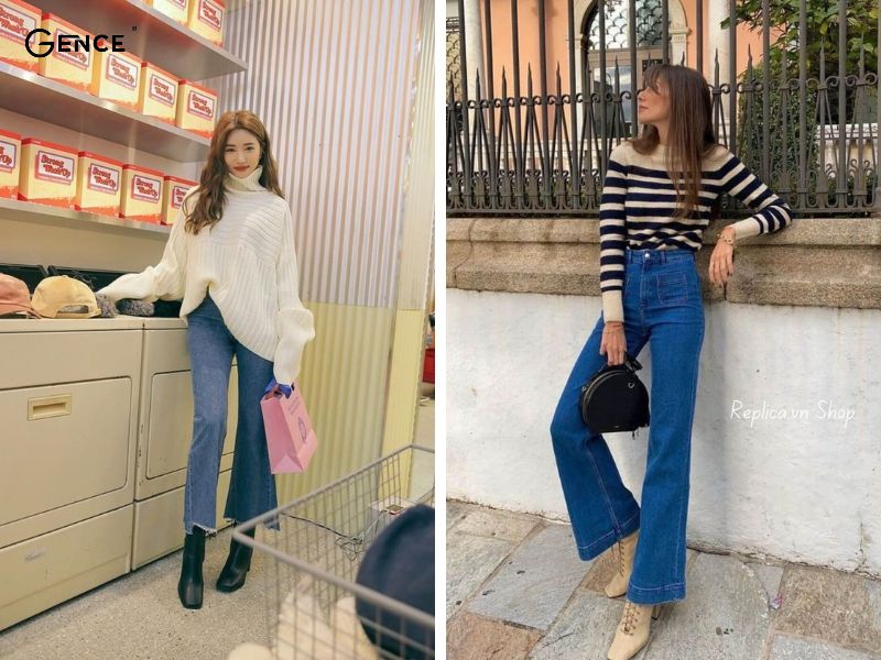 Áo len cổ lọ và quần ống loe