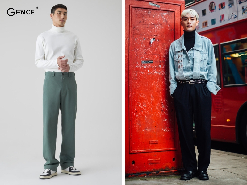 Áo cổ lọ phối với quần ống rộng chỉn chu, lịch lãm