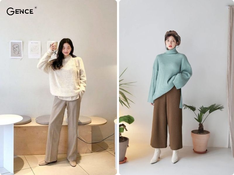 Mặc áo len với quần ống suông vừa ấm áp, vừa thời trang