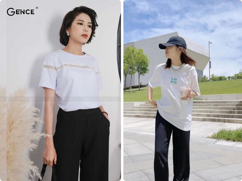 Outfit đơn giản mà tinh tế: áo thun, quần tây nữ