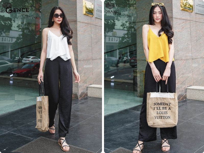 Thời trang thoải mái đi chơi cùng quần tây và áo hai dây