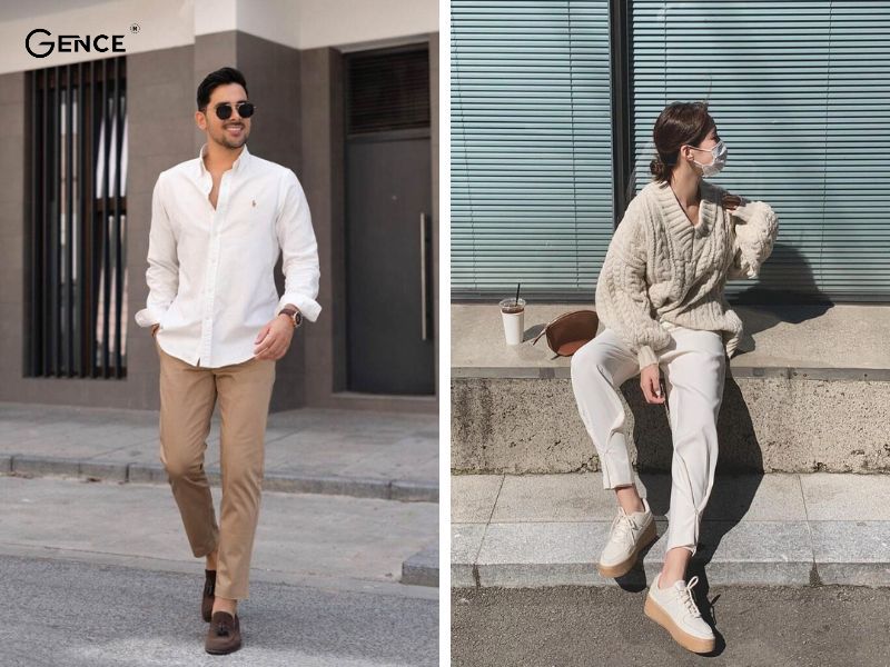 Phối màu be với màu trắng basic và dễ mặc