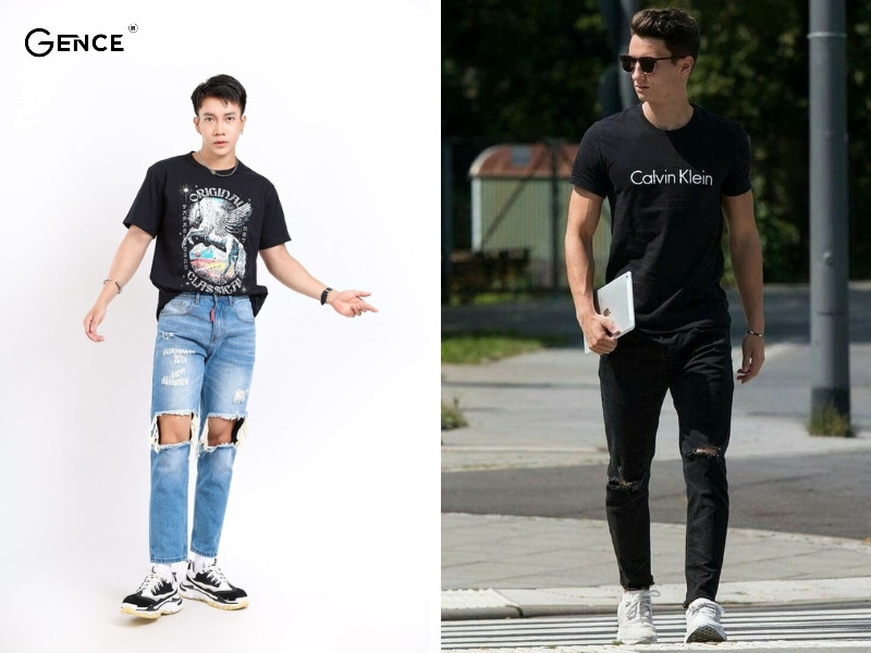 Phối quần jean áo thun nam thời trang với quần jean rách