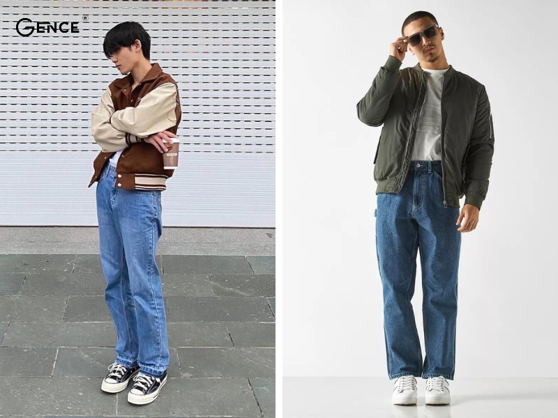 Phong cách street style với áo bomber và jean ống rộng
