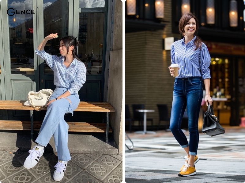 Phối quần jean với áo kẻ sọc dọc nữ
