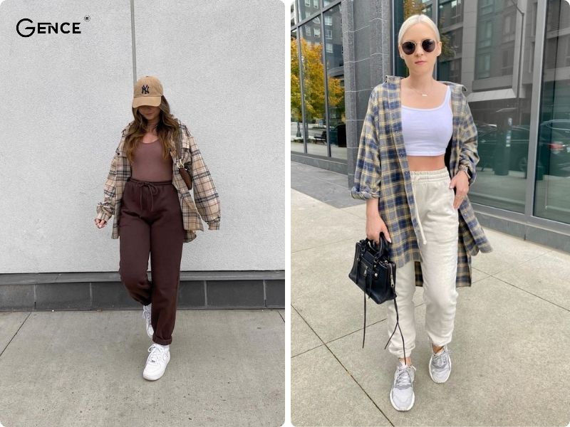 Phối quần jogger và áo sơ mi kẻ sọc nữ