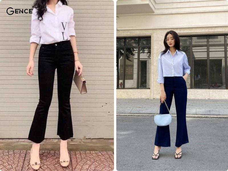 Phối quần ống loe với áo sơ mi nữ tôn dáng hiệu quả