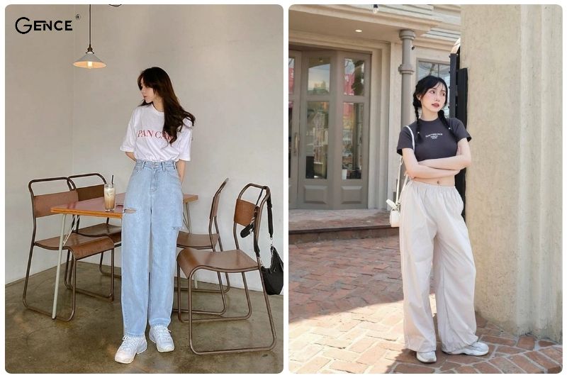 Phối quần ống rộng và giày sneaker thời trang