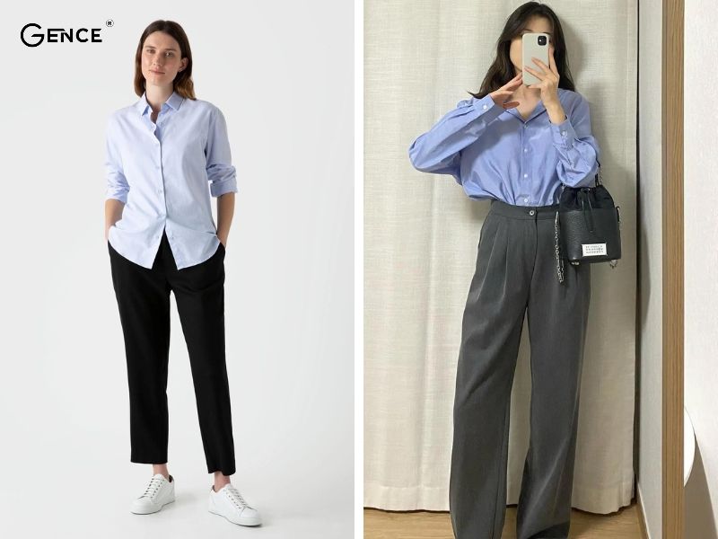 Phối quần tây với sơ mi xanh dương nữ thời trang thanh lịch