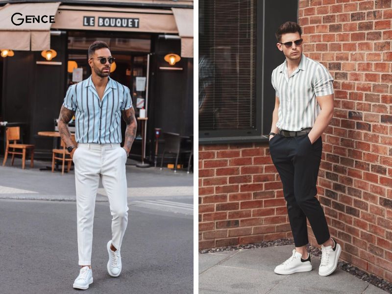 Phối sơ mi kẻ sọc và sneaker