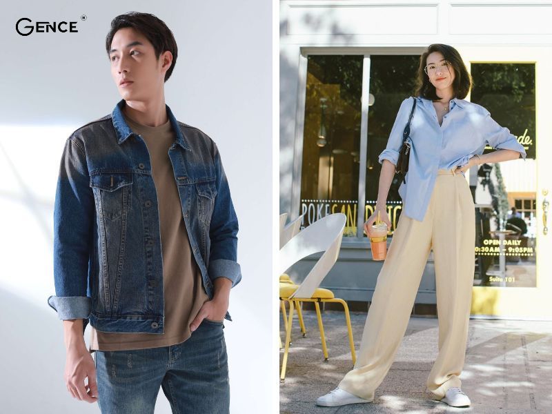 Phối trang phục màu be cùng màu xanh denim cổ điển