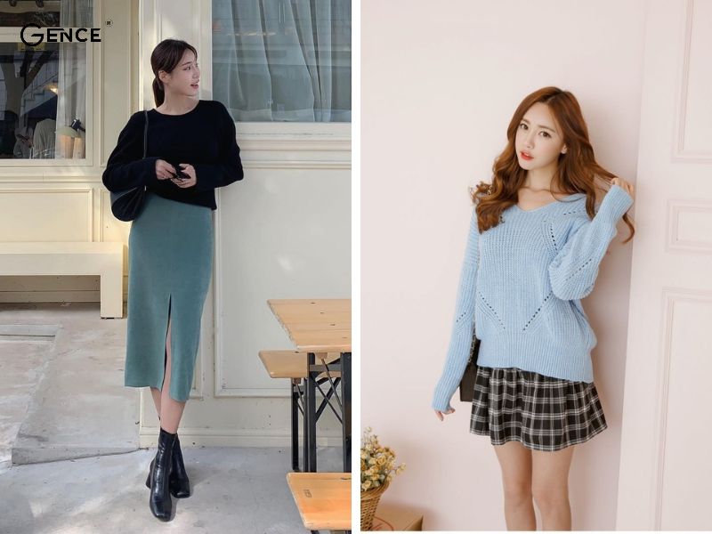 Nữ tính khi phối áo len với chân váy xòe