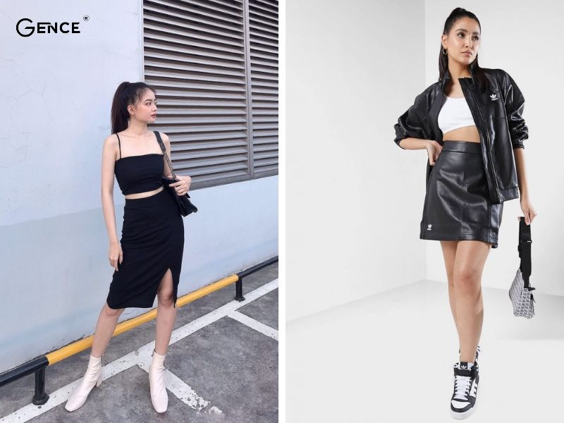 Quyến rũ và phá cách khi kết hợp áo hai dây với váy da