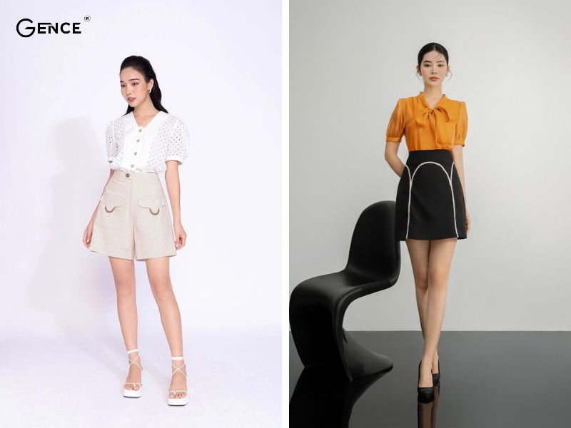 Sơ mi tay phồng mix-match với chân váy tạo nét cổ điển, thanh lịch