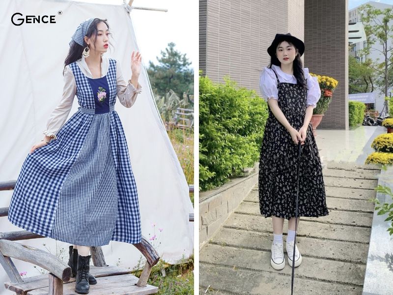 Phối đồ theo phong cách vintage cùng sơ mi tay phồng và yếm