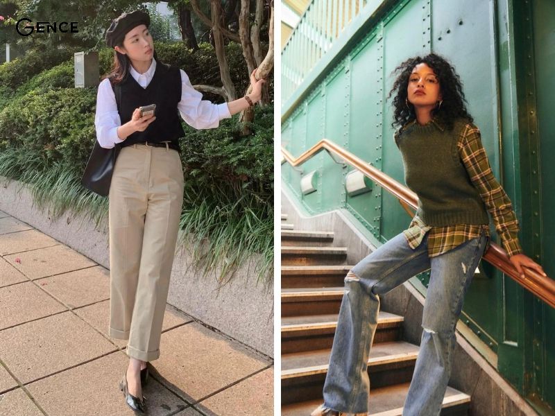 Phong cách vintage nữ với áo gile len và sơ mi kẻ