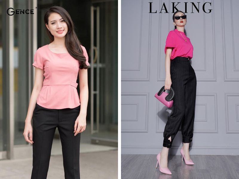 Nổi bật khi diện áo hồng match với quần đen