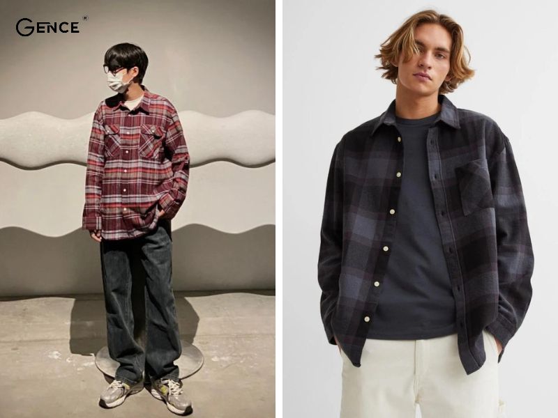 Style vintage với quần ống rộng và áo flannel