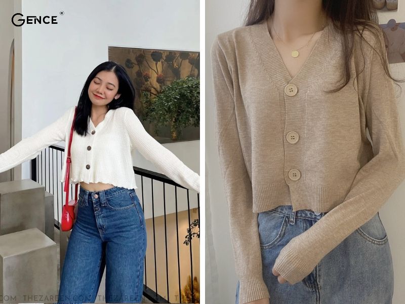 Quần jean mix-match với cardigan crop top