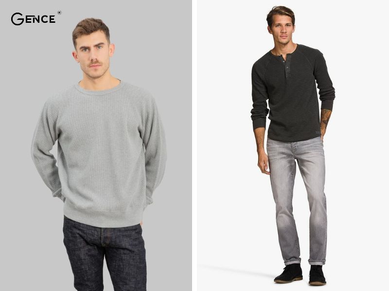 Diện cùng áo giữ nhiệt và quần jean màu xám