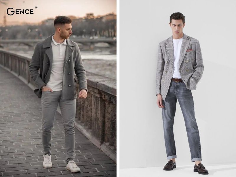 Mix match quần jean nam xám theo kiểu layer hiện đại