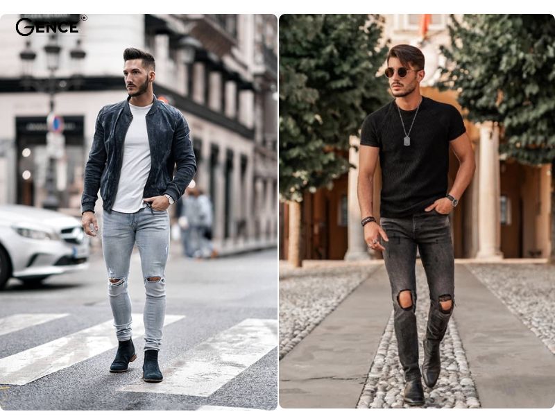 Quần jeans rách phối cùng chelsea boots nam ấn tượng