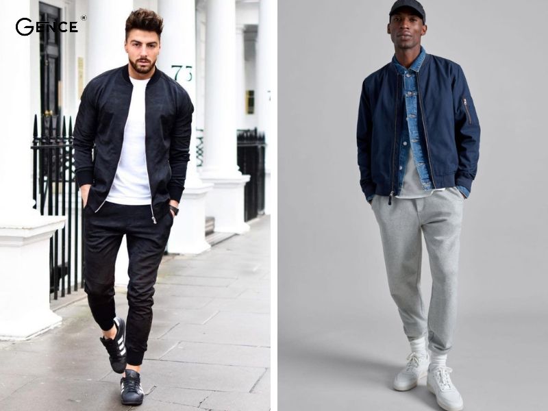 Set đồ kinh điển khi mix áo khoác bomber với quần jogger