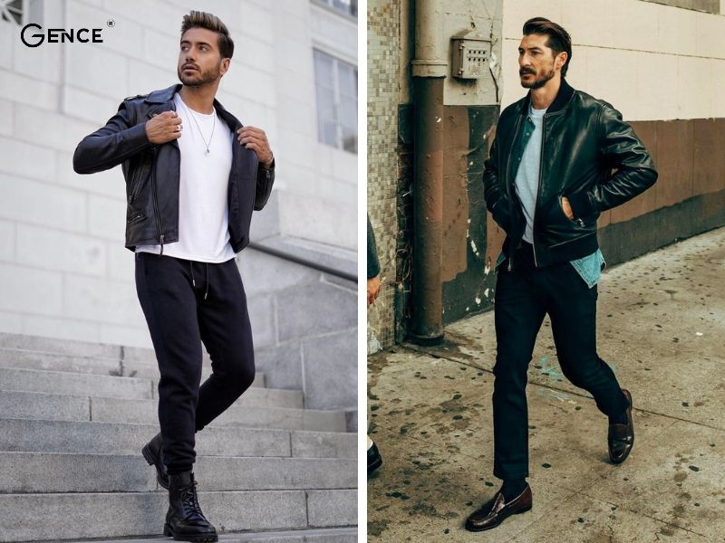 Phá cách với set đồ áo khoác da và quần jogger