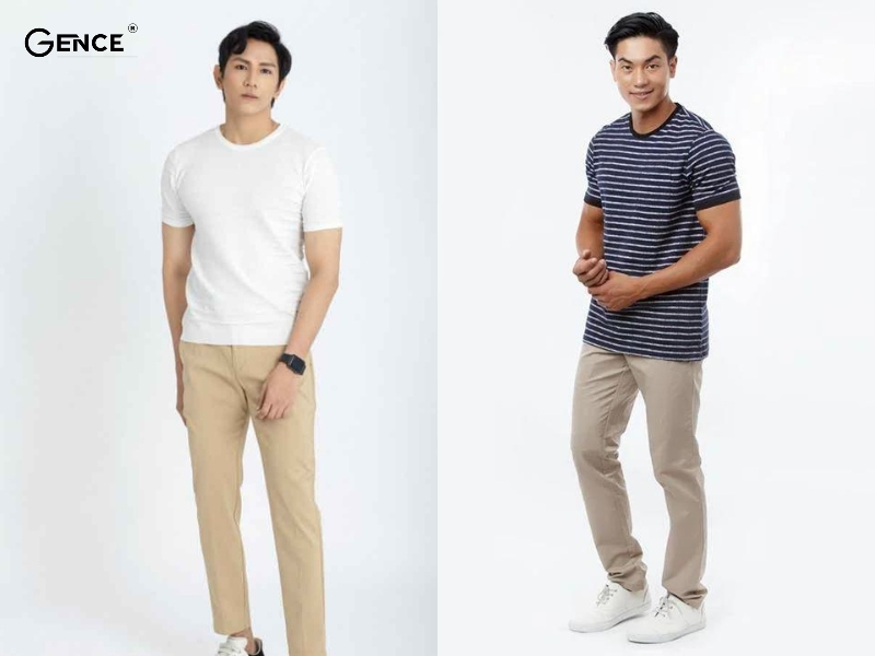 Quần kaki và áo thun giúp che đi khuyết điểm cơ thể cùng mỡ bụng